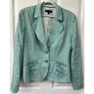 Context linen blazer seam foam green embroidered stitch roses button linen 12